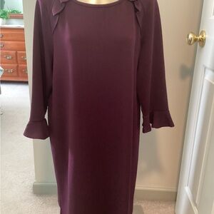 Long-Sleeve Shift Dress in Plum with Ruffle Cuffs